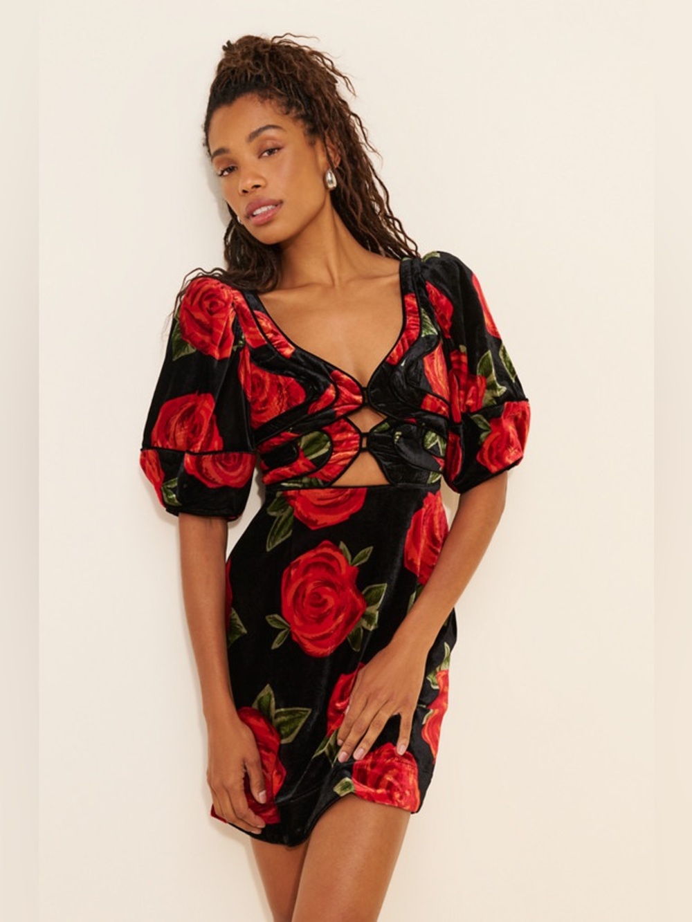 Farm Rio Velvet Rose Puff Sleeve Mini Dress Size S